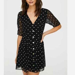Aritzia Wilfred Button Up Short Sleeve Polka Dot Chiffon Dress  Black White Sz 4